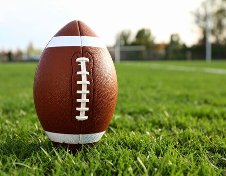 A rugby ball on a grass pitch - Powered by Adobe