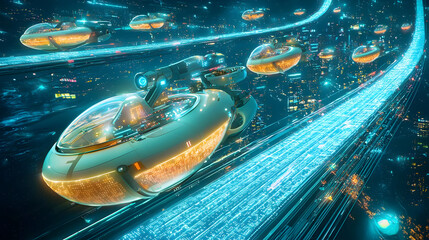 Futuristic Glowing Vehicles Over Night Cityscape