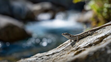 Obraz premium Lizard rests on a sunlit rock while a tranquil river flows in the background with blurred greenery.