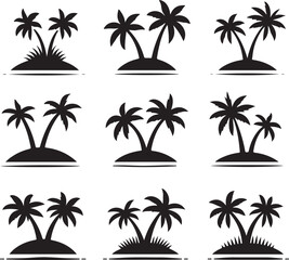Palm tree silhouettes on a tropical summer landscape with beach and nature elements