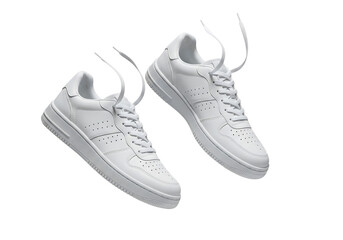 Pair of new white leather sneakers with untied shoelaces floating in the air. Isolated on transparent background, png