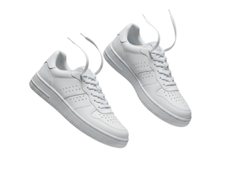 Pair of new white leather sneakers with untied shoelaces floating in the air. Isolated on transparent background, png