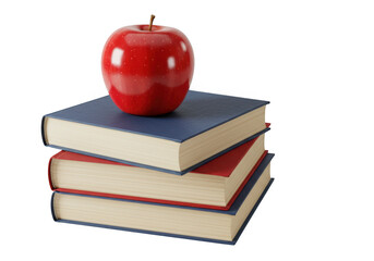 Red apple on stack of books isolated on transparent background