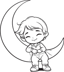 Dreamy Serenity: A serene young individual sits peacefully upon a crescent moon, a delightful black and white illustration of tranquil nights.