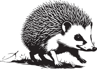 Fototapeta premium Curious Hedgehog Illustration: A monochrome illustration captures a charming hedgehog exploring its surroundings. This image offers a versatile visual for various projects.