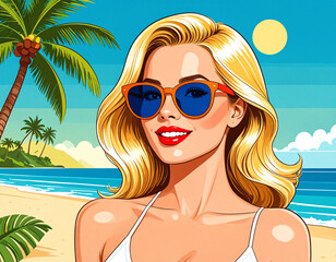Attractive Woman With Sun Glasses At The Beach, Retro Pop Art Style. 