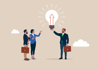 Businessman holding hold brightly lit arrow up lightbulb. idea happiness. Investment profit growth, financial advisor. Make money to get rich or increase earning or income. Flat vector illustration