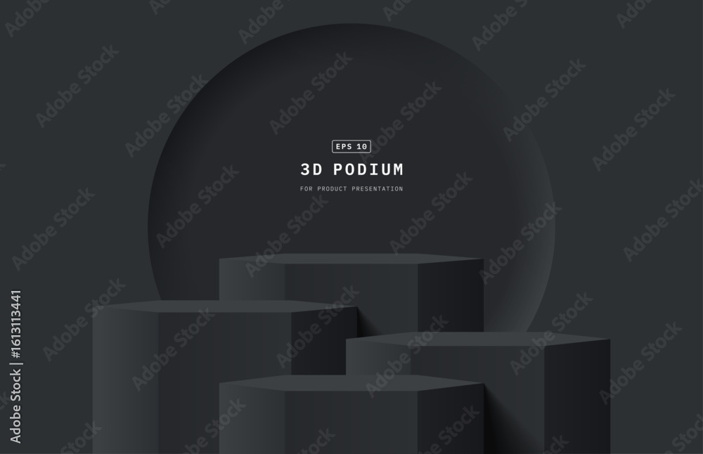 Poster abstract black 3d background studio room. realistic 3d hexagon podium stand with round circle window