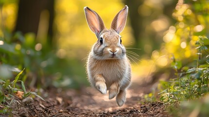 Rabbit hopping along a forest trail exploring with curiosity and joy