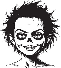 Grim Portrayal: A close-up illustration captures the unsettling face of a young individual with a skull-like visage, evoking a sense of macabre eeriness.