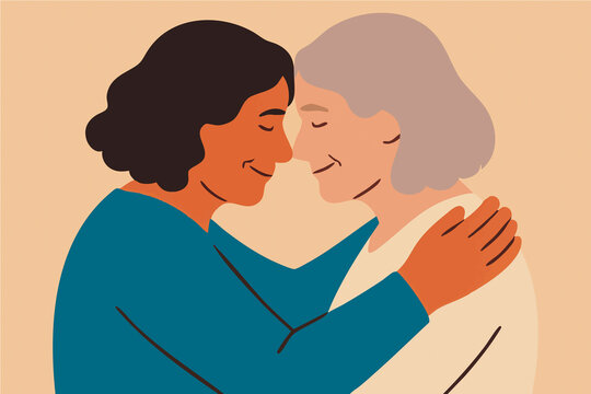Affectionate senior women embracing and bonding illustration