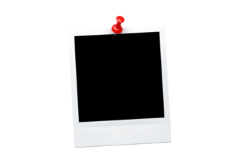 Blank white polaroid instant photo frame pinned with a red pushpin thumbtack. Isolated on transparent background, png