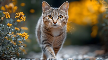 Curious cat hiking on a rocky path