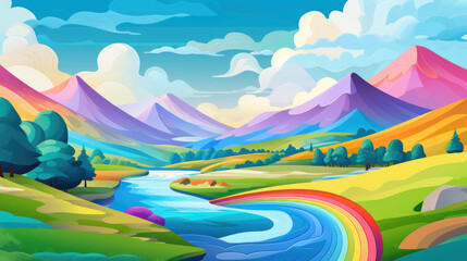 Illustration of Sunny Meadow and Rolling Hills in a Calm Rural Landscape