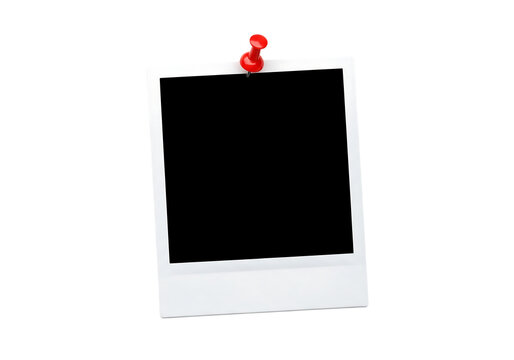 Blank white polaroid instant photo frame pinned with a red pushpin thumbtack. Isolated on transparent background, png