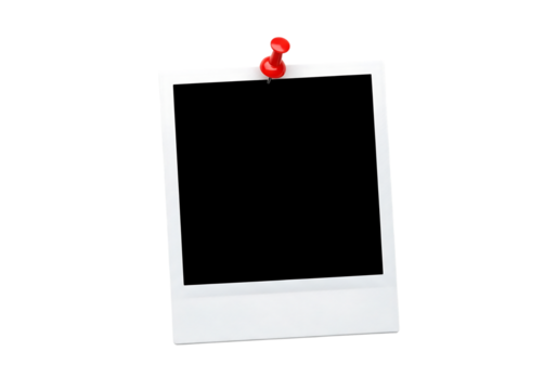 Blank white polaroid instant photo frame pinned with a red pushpin thumbtack. Isolated on transparent background, png