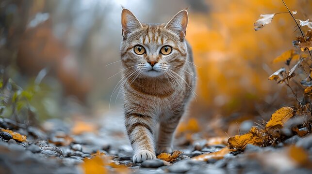Curious cat hiking on a rocky autumn path - Powered by Adobe
