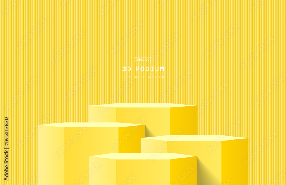 Poster abstract yellow gold 3d background studio room. realistic 3d hexagon podium stand with vertical wall