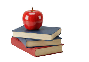 Red apple on stack of books isolated on transparent background