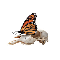 A monarch butterfly rests on a weathered animal skull, isolated on white on transparent background