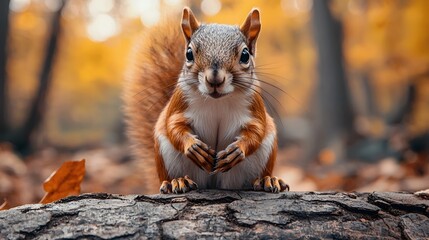 Curious squirrel exploring autumn forest logs