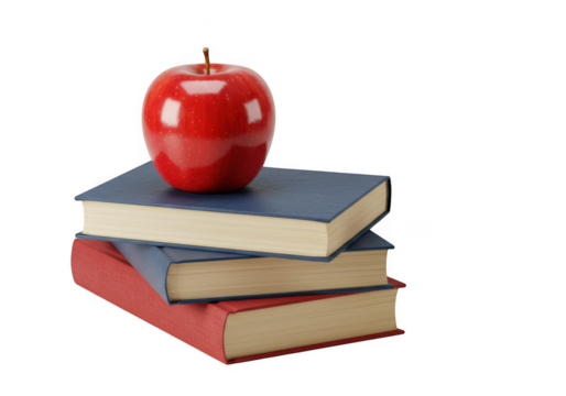 Red apple on stack of books isolated on transparent background