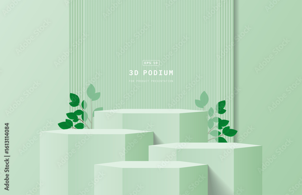 Poster abstract green 3d background studio room. realistic 3d hexagon podium stand with tree branch and lea