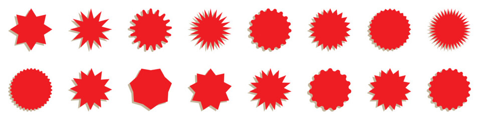 Red color classic abstract elements with jagged edges. Vector illustration of silhouette blank for sicker, label, tag, badge, stamp, etc. Set of Zig zag wavy edge red starburst circle shapes icon.  