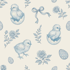 Vintage French style Easter pattern with blue and white Easter chickens, eggs and floral elements.