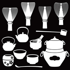Illustration of tools used in Japanese tea ceremony,