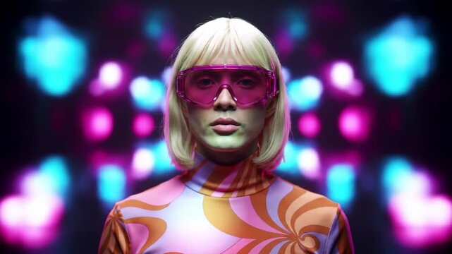 Psychedelic neon portrait, magenta goggles, swirling kaleidoscopic lights, retro shirt, immersive light animation