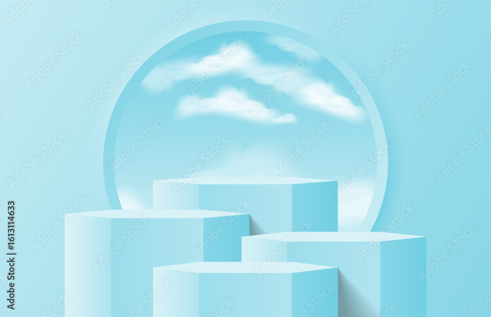 Poster abstract blue 3d background studio room. realistic 3d hexagon podium stand with sky and clouds in ro