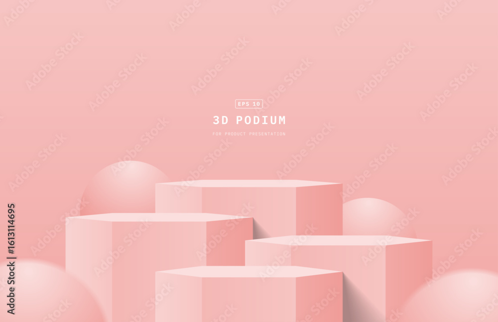 Poster abstract pink 3d background studio room. realistic 3d hexagon podium stand with sphere balls or bubb