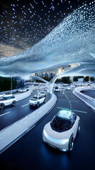 Futuristic City Highway At Night With Automated Vehicle And Digital Bridge