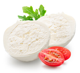 Cut on half burrata cheese with stracciatella and clotted cream inside and fresh arugula leaves and tomatoes on white background. File clipping path. .
