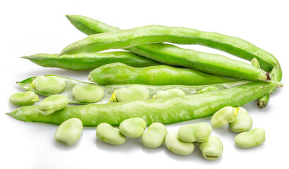 Green broad bean pod and several broad beans isolated on white background.