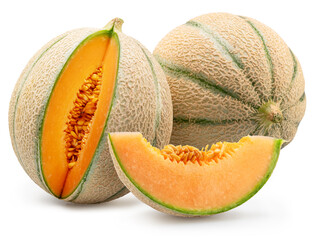 Cantaloupe melons with melon slice isolated on white background. File contains clipping path.
