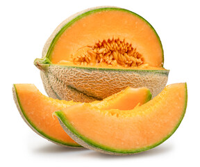 Cantaloupe melon with melon slices isolated on white background. File contains clipping path.