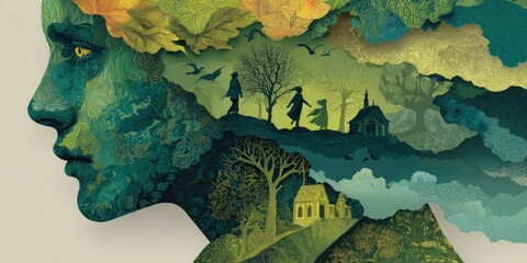 poster featuring symbolic elements with green color scheme and layered silhouettes