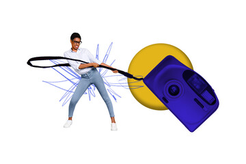 Collage picture of mini person struggle arms hold pull huge retro photo camera isolated on painted...
