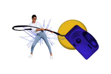 Collage picture of mini person struggle arms hold pull huge retro photo camera isolated on painted red background