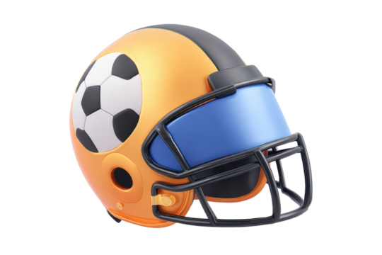 Football helmet design for soccer fans sports equipment studio view. Isolated on transparent background, png.