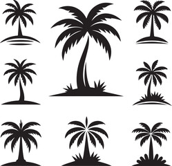 Palm tree silhouettes on a tropical summer landscape with beach and nature elements