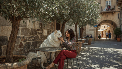 Obraz premium Hyper Realistic European Cafes with Elegant Women and Majestic Dogs