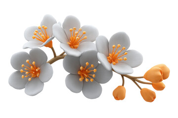 Delicate white and orange blossoms natural setting floral photography. Isolated on transparent background, png.