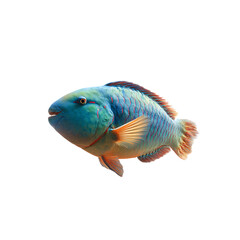 A vivid blue and green parrotfish with red fins swims forward, isolated on white on transparent background