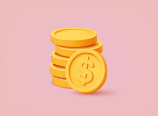 3D illustration of stacked golden coins with dollar symbol. Ideal for finance, business, and money-related visuals. 3D Web Vector Illustration.