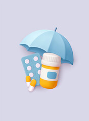 3D illustration of medical protection — pills, bottle, and umbrella. Ideal for healthcare, pharmacy, and safety visuals. 3D Web Vector Illustration.