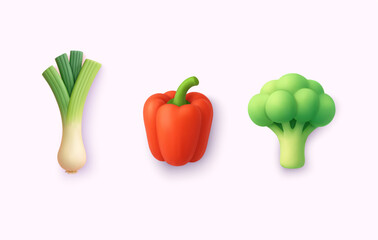 3D illustration of fresh vegetables — onion, pepper, and broccoli. Great for healthy food, cooking, and diet visuals. 3D Web Vector Illustration.
