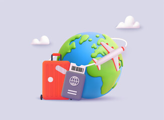 3D illustration of travel around the globe with airplane, passport, and suitcase. Perfect for tourism and vacation themes. 3D Web Vector Illustration.